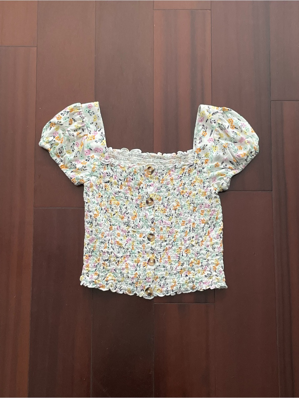 Mudd White Floral Smocked Puff-Sleeve Crop Top